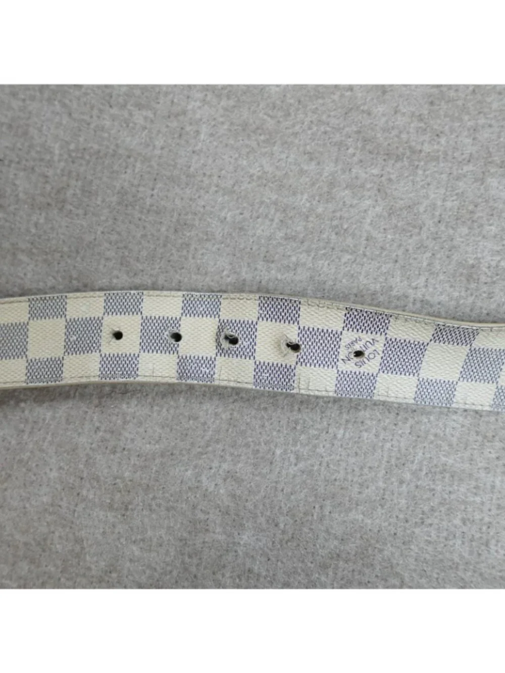 Louis Vuitton Belt 38 White Canvas Leather Checkered Damier Azur Made in Spain